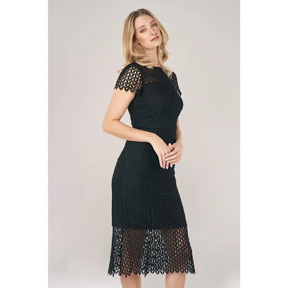Kay Unger New York Tatum Dress Lace Overlay Short Sleeve Midi Black Size 10